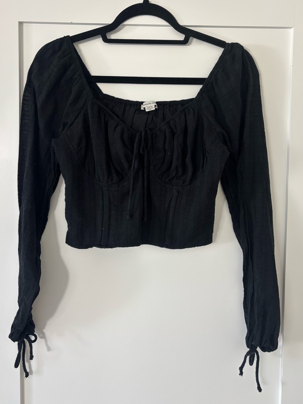 American Eagle Black Long Sleeve Puff Sleeve Corset Top Size S